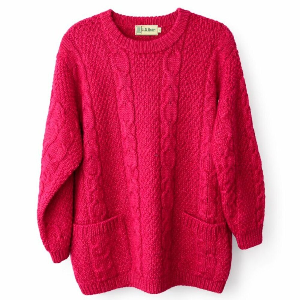 L.L.Bean Vintage Wool Fisherman Sweater Hot Pink Cable Knit Small